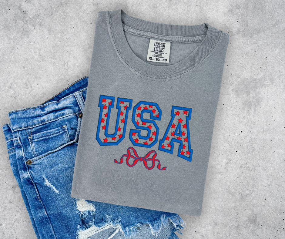 STARS & STITCHES - Embroidered USA Bow Tee - Patriotic