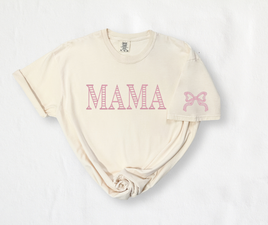 Signature Script Tee- Embroidered + Sleeve Bow Detail